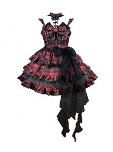 Metal Rock Style Plaid Decoration Layered Hem Mesh Bowknot Trim Gothic Punk Lolita Sleeveless Dress