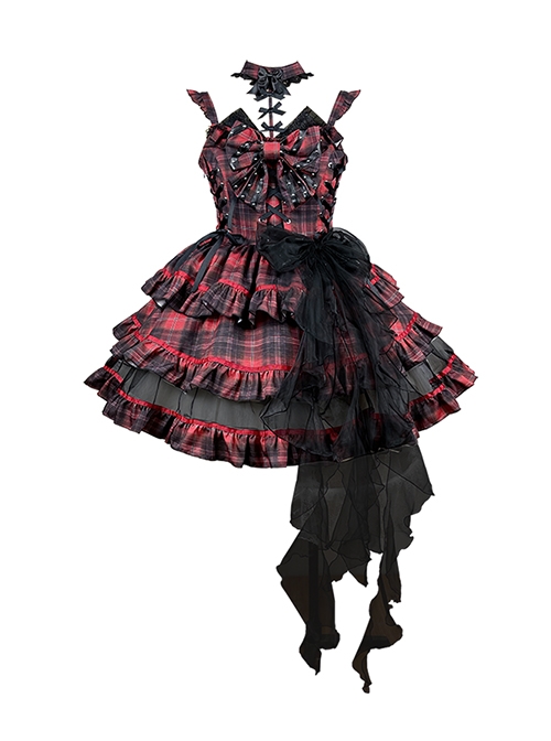 Rock Punk Style Classic Plaid Decoration Layered Hem Mesh Bow Knot Trim Lolita Sleeveless Dress