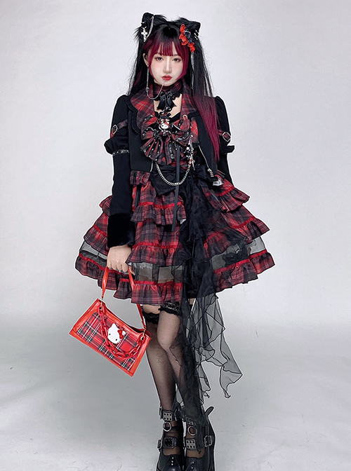 Metal Rock Style Plaid Decoration Layered Hem Mesh Bowknot Trim Gothic Punk Lolita Sleeveless Dress