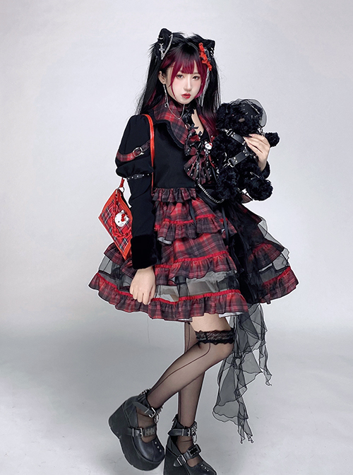 Metal Rock Style Plaid Decoration Layered Hem Mesh Bowknot Trim Gothic Punk Lolita Sleeveless Dress