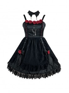 Gothic Vintage Lace Jacquard Design Metal Ring Buckle Chain Cross Decoration Three-Dimensional Rose Lolita Sleeveless Dress