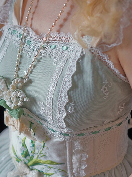 Elegant And Delicate Lily Of The Valley Embroidery Ruched Jacquard Lace Trim Classic Lolita White Fish Bone Girdle