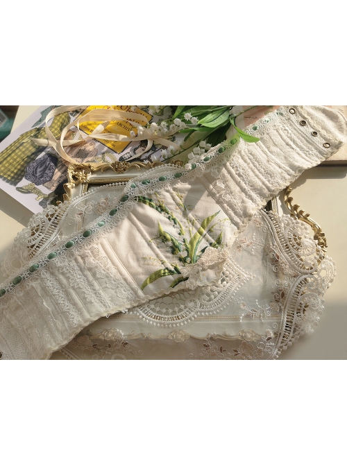 Elegant And Delicate Lily Of The Valley Embroidery Ruched Jacquard Lace Trim Classic Lolita White Fish Bone Girdle