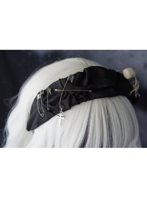 Halloween Skull Decoration Gothic Dark Style Crumpled Ribbon Metal Large Pin Decor Lolita Headband