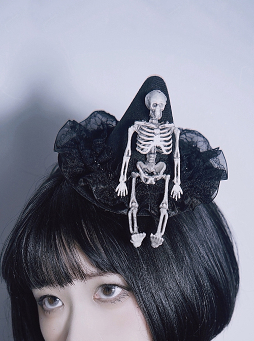 Gothic Style Black Pointed Shape Top Hat Skull Skeleton Decoration Pleated Lace Lolita Hair Clip