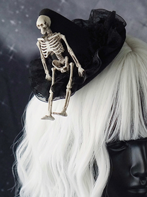 Gothic Style Black Pointed Shape Top Hat Skull Skeleton Decoration Pleated Lace Lolita Hair Clip