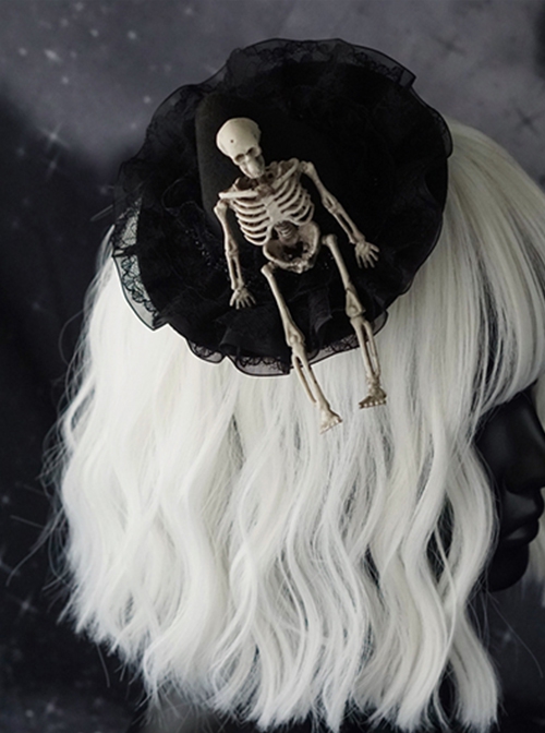 Gothic Style Black Pointed Shape Top Hat Skull Skeleton Decoration Pleated Lace Lolita Hair Clip