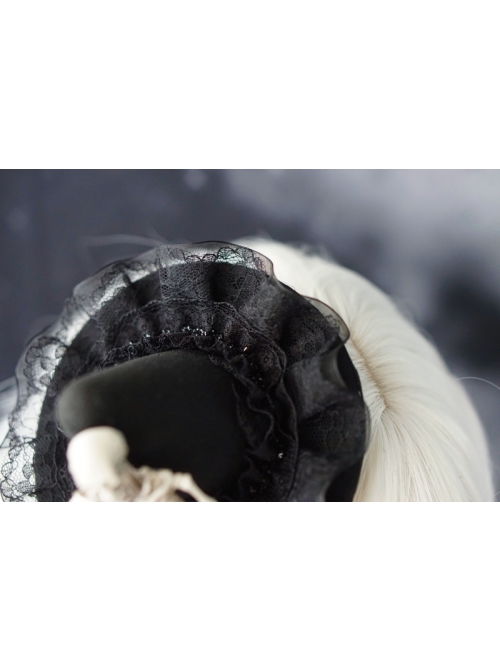 Gothic Style Black Pointed Shape Top Hat Skull Skeleton Decoration Pleated Lace Lolita Hair Clip