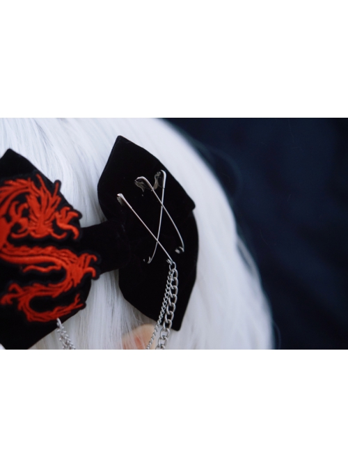 Dark Flannel Chinese Style Dragon Shape Embroidery Cut Decoration Metal Chain Gothic Lolita Bow Knot Hairpin