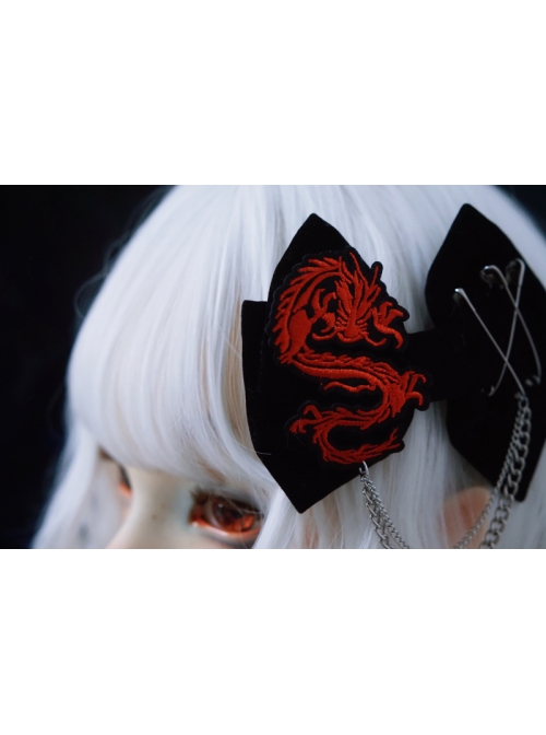 Dark Flannel Chinese Style Dragon Shape Embroidery Cut Decoration Metal Chain Gothic Lolita Bow Knot Hairpin
