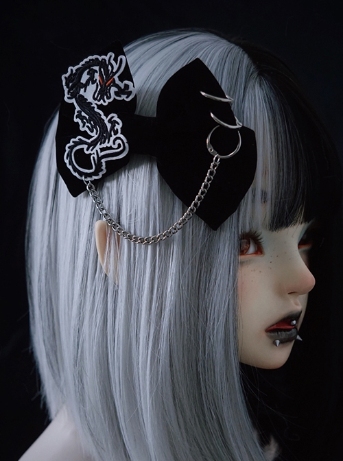 Dark Flannel Chinese Style Dragon Shape Embroidery Cut Decoration Metal Chain Gothic Lolita Bow Knot Hairpin