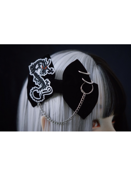 Dark Flannel Chinese Style Dragon Shape Embroidery Cut Decoration Metal Chain Gothic Lolita Bow Knot Hairpin