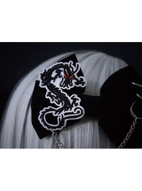 Dark Flannel Chinese Style Dragon Shape Embroidery Cut Decoration Metal Chain Gothic Lolita Bow Knot Hairpin