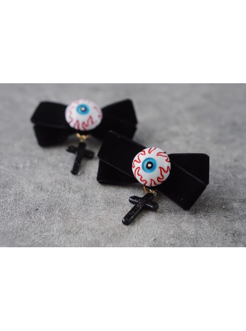 Halloween Handmade Eyeball Design Gothic Cross Decoration Dark Bow Knot Lolita Hairpins