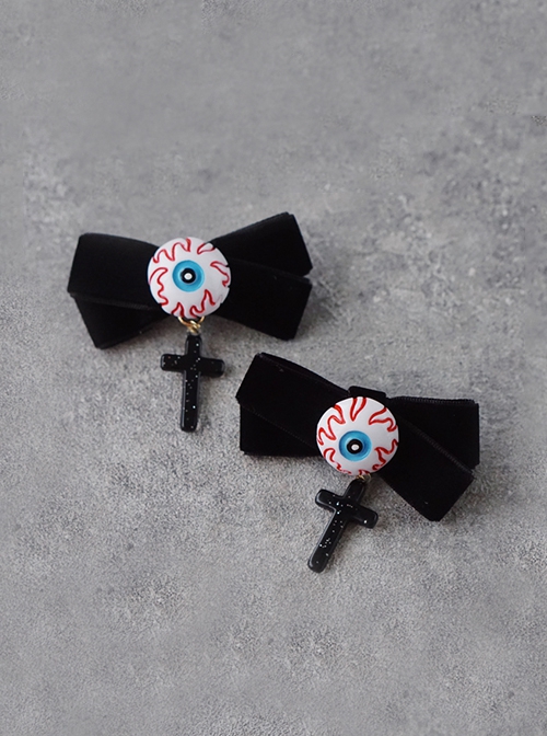 Halloween Handmade Eyeball Design Gothic Cross Decoration Dark Bow Knot Lolita Hairpins