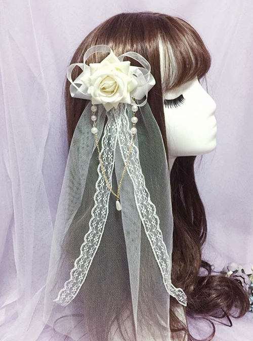 Lace Three-Dimensional Rose Decoration Pearl Chain Decoration Classic Lolita Veil Hair Clip