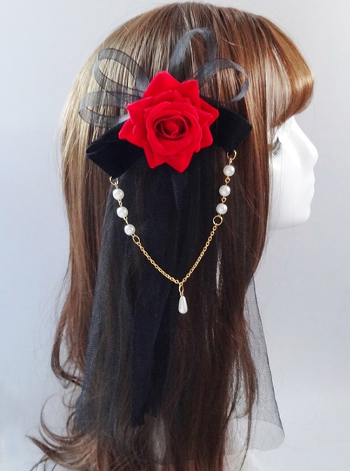 Lace Three-Dimensional Rose Decoration Pearl Chain Decoration Classic Lolita Veil Hair Clip