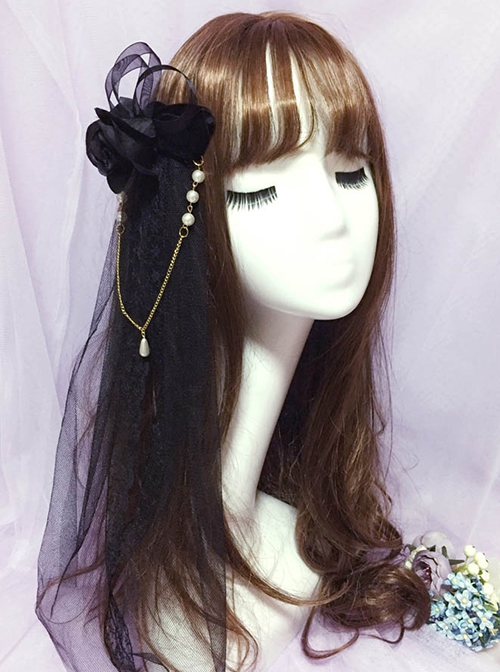 Lace Three-Dimensional Rose Decoration Pearl Chain Decoration Classic Lolita Veil Hair Clip