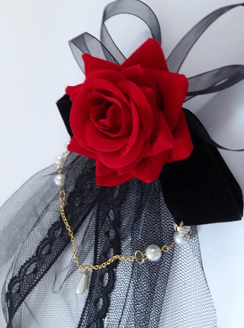 Lace Three-Dimensional Rose Decoration Pearl Chain Decoration Classic Lolita Veil Hair Clip