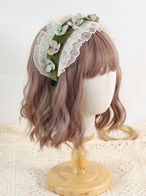 French Vintage Velvet Pleated Lace Trim Flowers Bow Classic Lolita Headband