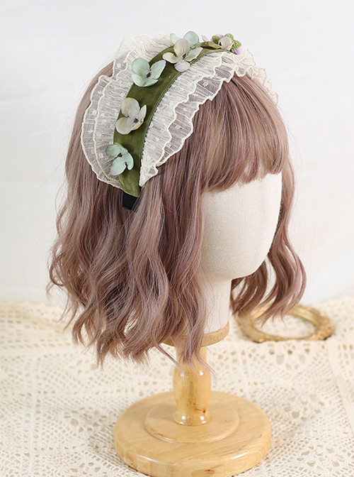 French Vintage Velvet Pleated Lace Trim Flowers Bow Classic Lolita Headband