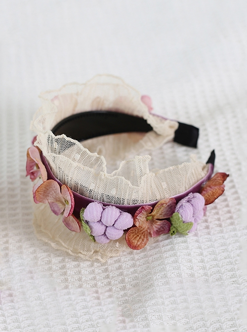 French Vintage Velvet Pleated Lace Trim Flowers Bow Classic Lolita Headband