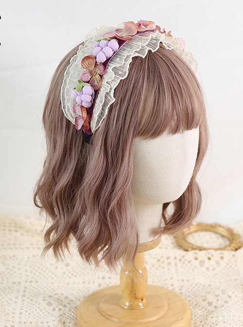 French Vintage Velvet Pleated Lace Trim Flowers Bow Classic Lolita Headband