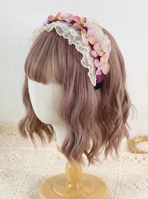 French Vintage Velvet Pleated Lace Trim Flowers Bow Classic Lolita Headband