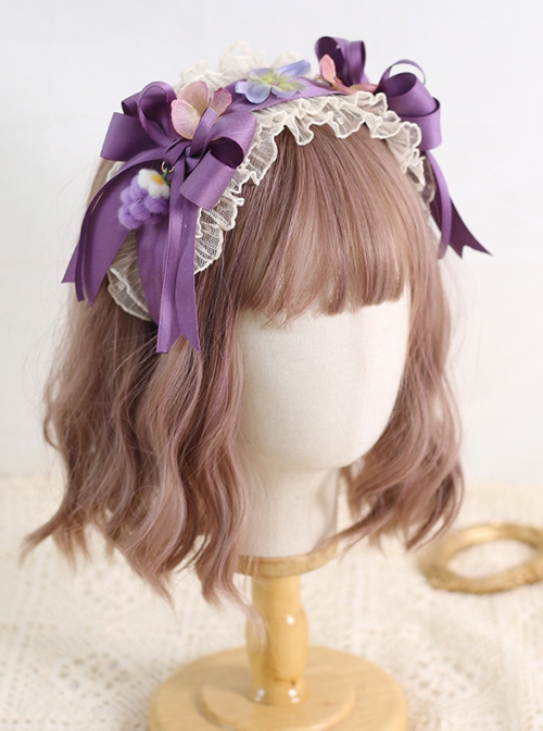 Vintage Pleated Ribbon Bow Knot Decoration Three-Dimensional Grape Folds Lace Classic Lolita Headbands