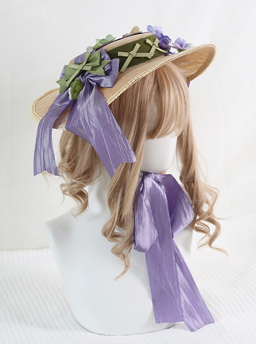 Classic Lolita Retro French Pastoral Style Exquisite Flowers Grape Decoration Ribbon Bow Knot Flat Hat