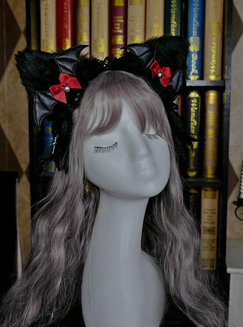 Dark Halloween Series Bat-Shaped Design Cut Bell Bow Knots Lace Decoration Classic Lolita Cat Ear Headband