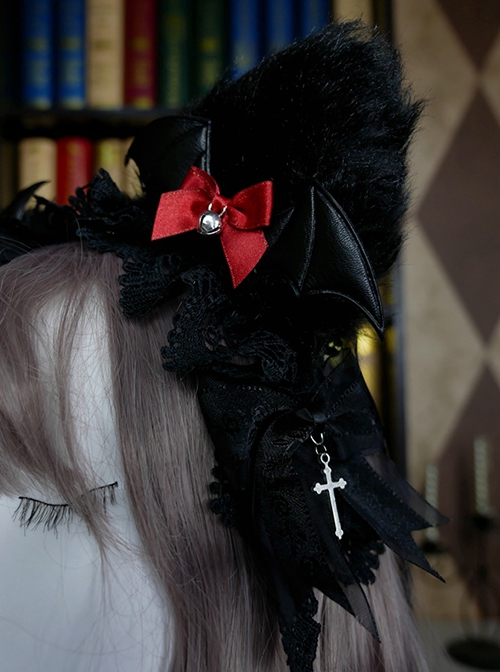 Dark Halloween Series Bat-Shaped Design Cut Bell Bow Knots Lace Decoration Classic Lolita Cat Ear Headband