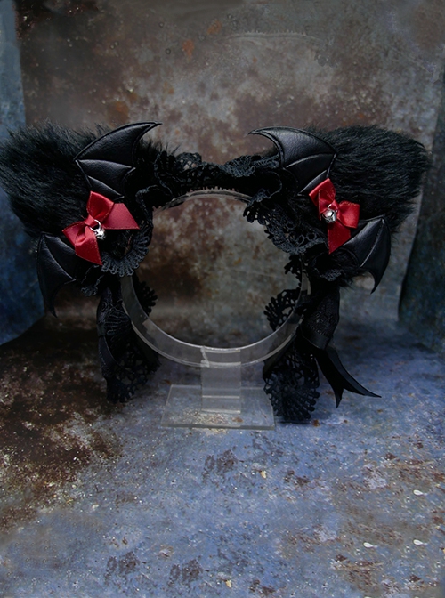 Dark Halloween Series Bat-Shaped Design Cut Bell Bow Knots Lace Decoration Classic Lolita Cat Ear Headband