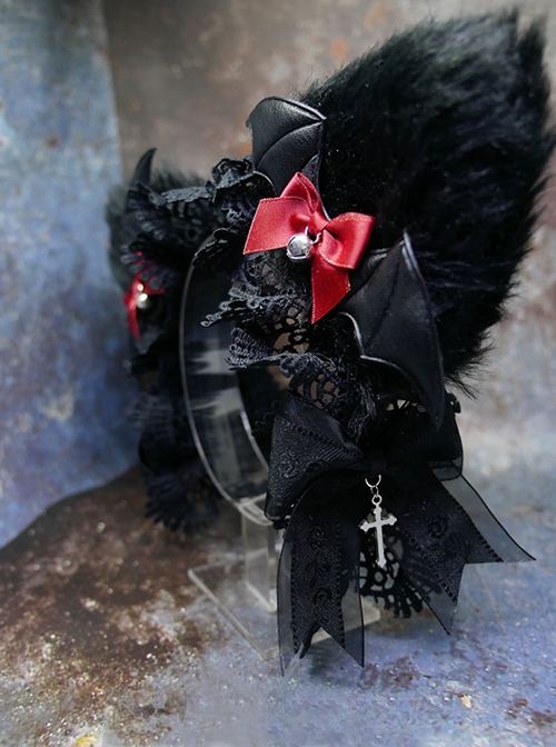 Dark Halloween Series Bat-Shaped Design Cut Bell Bow Knots Lace Decoration Classic Lolita Cat Ear Headband