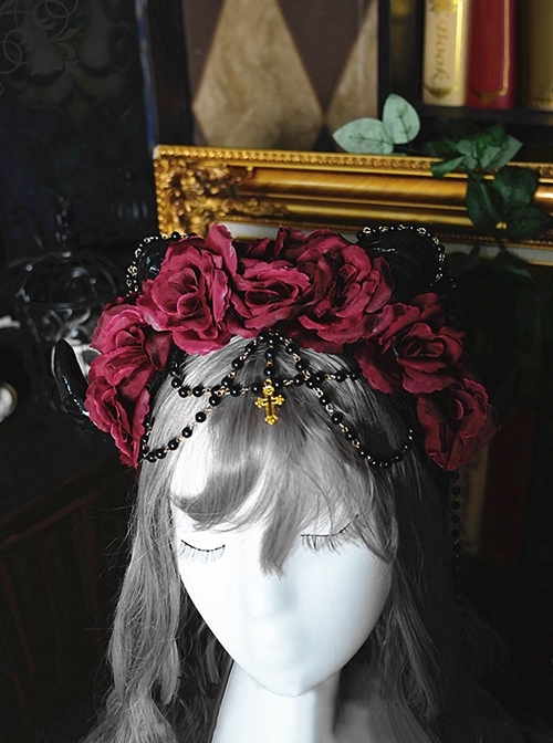Gothic Style Dark Demon Horns Shape Three-Dimensional Flower Decoration Cross Bead Chain Lolita Headband