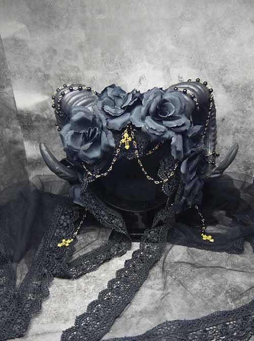 Gothic Style Dark Demon Horns Shape Three-Dimensional Flower Decoration Cross Bead Chain Lolita Headband