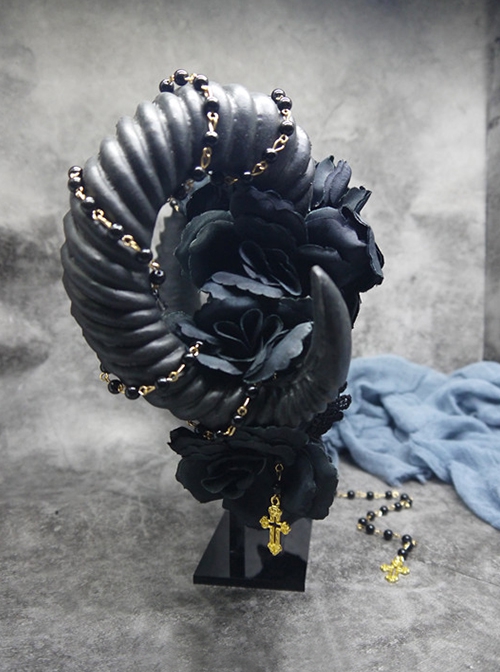 Gothic Style Dark Demon Horns Shape Three-Dimensional Flower Decoration Cross Bead Chain Lolita Headband