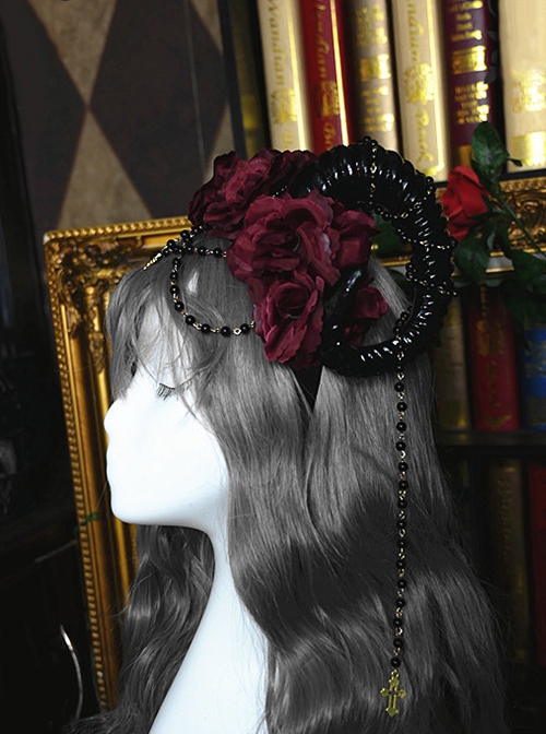 Gothic Style Dark Demon Horns Shape Three-Dimensional Flower Decoration Cross Bead Chain Lolita Headband