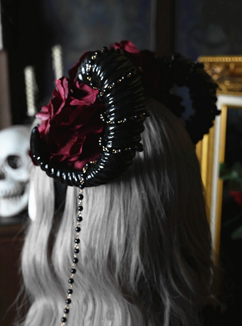 Gothic Style Dark Demon Horns Shape Three-Dimensional Flower Decoration Cross Bead Chain Lolita Headband