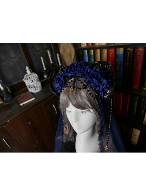 Gothic Style Dark Demon Horns Shape Three-Dimensional Flower Decoration Cross Bead Chain Lolita Headband