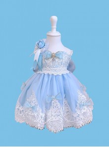 Blue Ornate Jacquard Embroidery Lace Trim Jewelry Bow Knot Decorative Flower Bow On The Back Classic Lolita Kid Dress