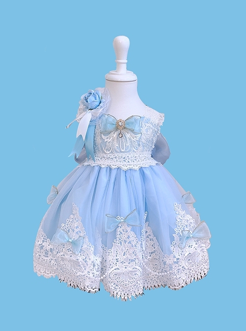 Blue Ornate Jacquard Embroidery Lace Trim Jewelry Bow Knot Decorative Flower Bow On The Back Classic Lolita Kid Dress