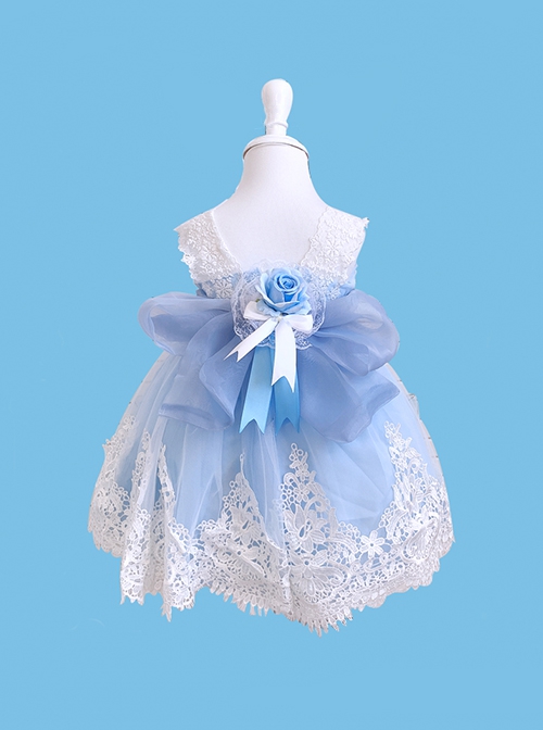 Blue Ornate Jacquard Embroidery Lace Trim Jewelry Bow Knot Decorative Flower Bow On The Back Classic Lolita Kid Dress