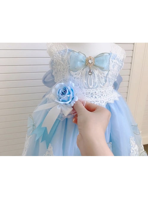 Blue Ornate Jacquard Embroidery Lace Trim Jewelry Bow Knot Decorative Flower Bow On The Back Classic Lolita Kid Dress