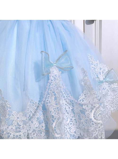 Blue Ornate Jacquard Embroidery Lace Trim Jewelry Bow Knot Decorative Flower Bow On The Back Classic Lolita Kid Dress