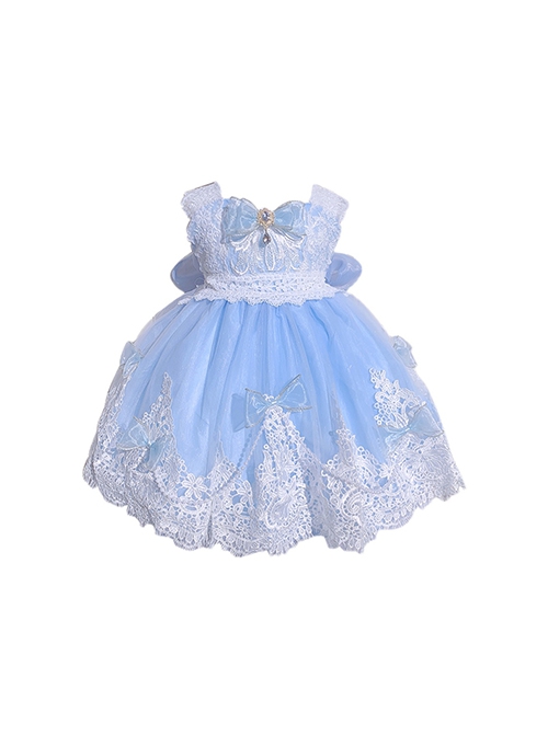 Blue Ornate Jacquard Embroidery Lace Trim Jewelry Bow Knot Decorative Flower Bow On The Back Classic Lolita Kid Dress