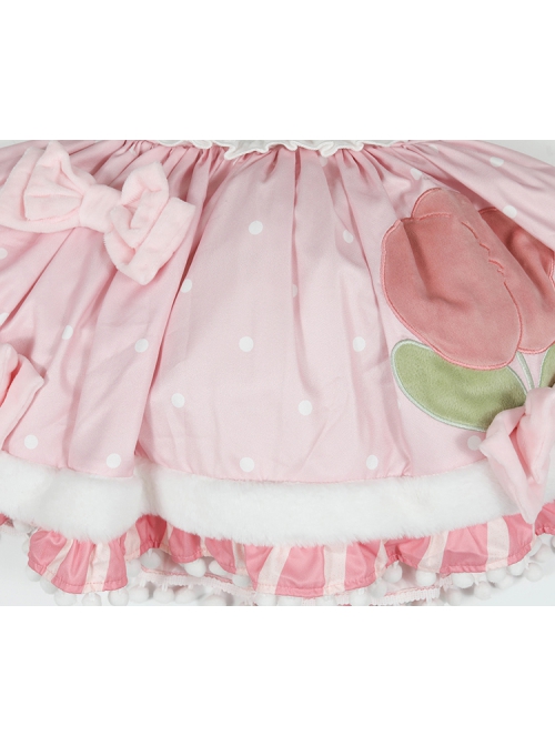 Plush Tulip Pattern Decoration Polka-Dot Hem Pleated Bow Knot Classic Lolita Pink Cute Suspender Dress