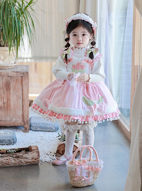 Plush Tulip Pattern Decoration Polka-Dot Hem Pleated Bow Knot Classic Lolita Pink Cute Suspender Dress