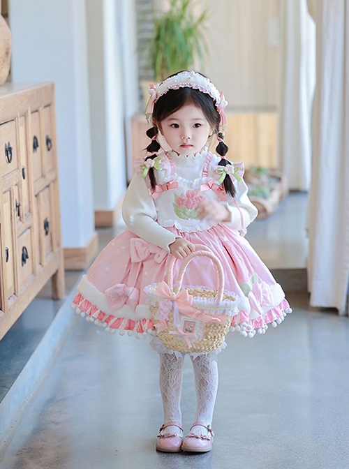 Plush Tulip Pattern Decoration Polka-Dot Hem Pleated Bow Knot Classic Lolita Pink Cute Suspender Dress