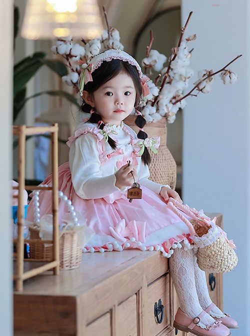 Plush Tulip Pattern Decoration Polka-Dot Hem Pleated Bow Knot Classic Lolita Pink Cute Suspender Dress